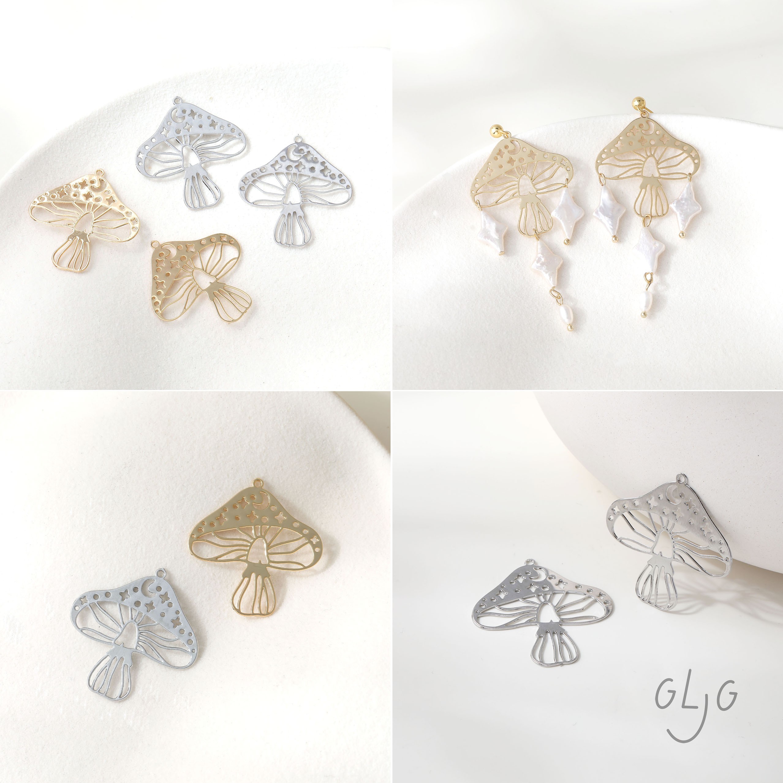 14K电镀铜片精致光面镂空蘑菇吊坠diy手作耳饰项链手链材料配件