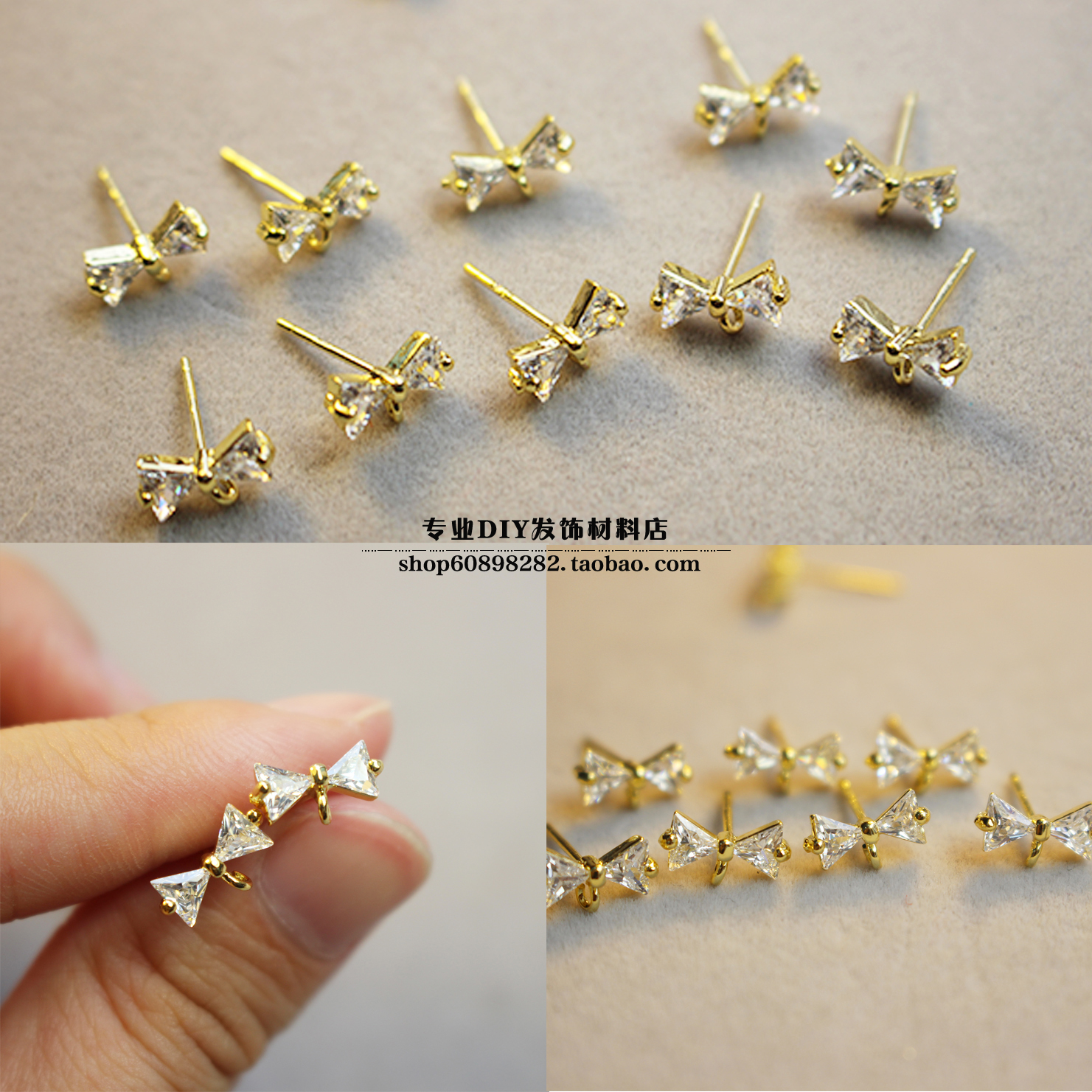 铜镀14K金锆石蝴蝶结耳钉925银耳钉