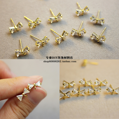 铜镀14K金锆石蝴蝶结耳钉925银耳钉