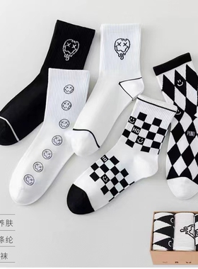 韩玛斯袜子棉罗纹提花男女学院风街头潮秋冬运动透气中筒袜H31173