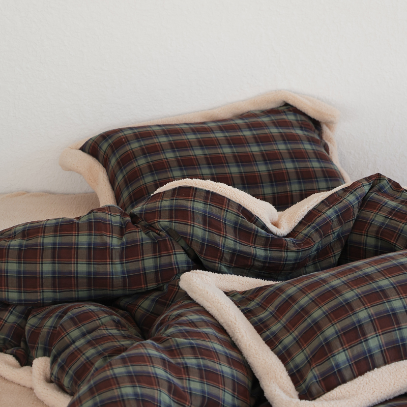 冬季复古英伦格色织双层纱拼泰迪绒四件套加厚保暖被套床上用品