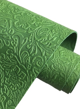 TC2022绿色三边直唐草花纹头层牛皮压花皮料真皮手工DIY2mm偏挺
