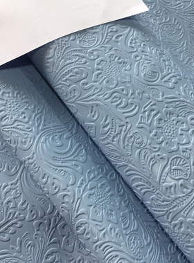 TC3淡蓝色唐草花纹头层牛皮1.3偏软真皮手工DIY皮料箱包鞋靴皮具