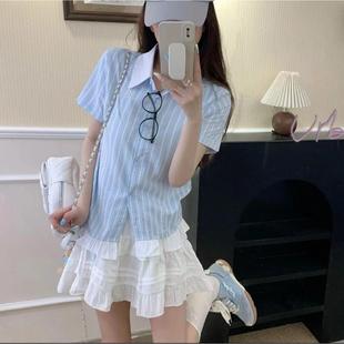正肩宽松显瘦百搭潮 韩系甜美可爱POLO领条纹短袖 衬衫 2025夏季 新款