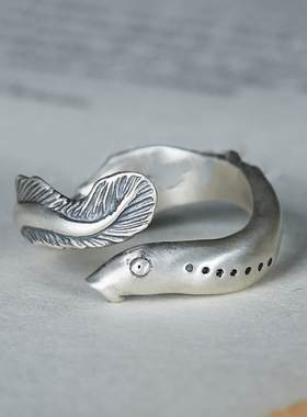 新品复古做旧精雕鳗鱼开口戒指环