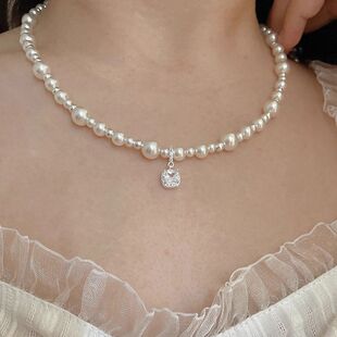 法式 轻奢气泡小方糖贝珠项链女ins精致高级感颈链小众设计锁骨链