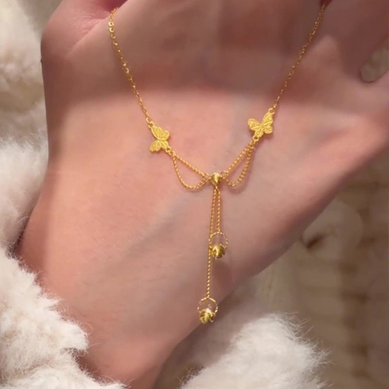 新品双蝴蝶流苏项链女新款小众设计高级感精致时尚百搭锁骨链潮