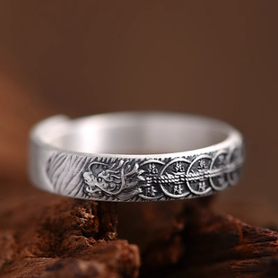 925镀银钱币龙戒指男士款复古民族风男生指环蛇年可调节开口