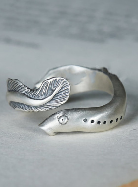 新品复古做旧精雕鳗鱼开口戒指环