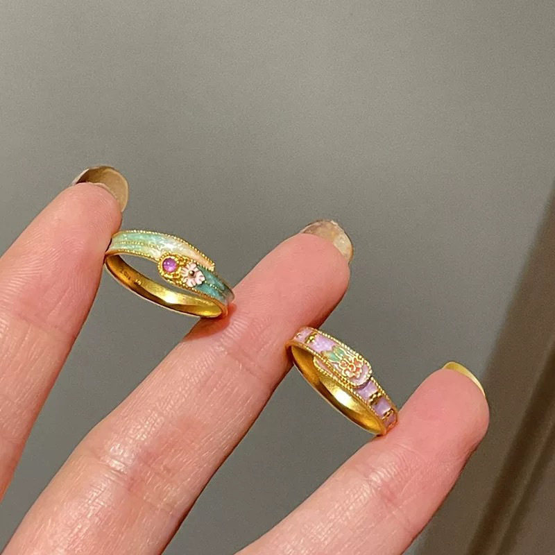 新中式彩色珐琅花朵戒指女小众时