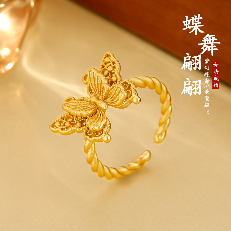 镀S925银新款复古金丝羽蝶蝴蝶戒