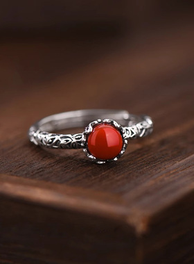 新品南红玛瑙戒指女士款复古小众