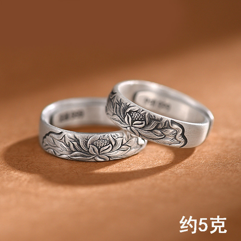 国风莲花时尚潮流戒指男女复古个性小众浮雕流行饰品
