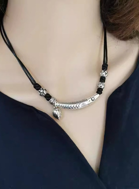 新品弯管鱼黑绳项链手链油蜡绳可