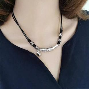 新品弯管鱼黑绳项链手链油蜡绳可调长度百搭遮疤痕锁骨链