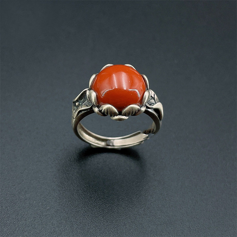 镀S925银红玛瑙莲花戒指女款小众设计复古国风可调节食指戒送,饰品/流行首饰/时尚饰品新,银饰戒指,淘宝优惠券,粉丝福利购,淘宝优惠卷