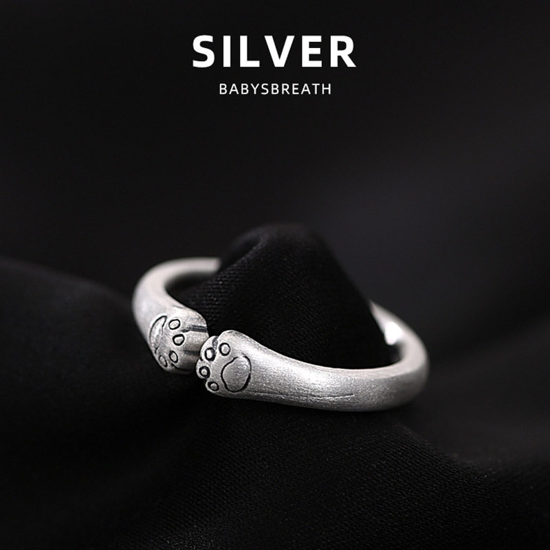 新品素圈戒指女士款时尚小众设计猫爪开口可调节指环礼物