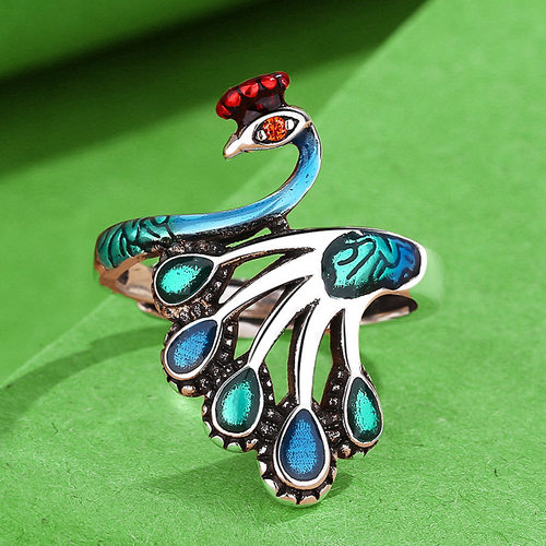 新品新款复古珐琅烧蓝孔雀戒指女