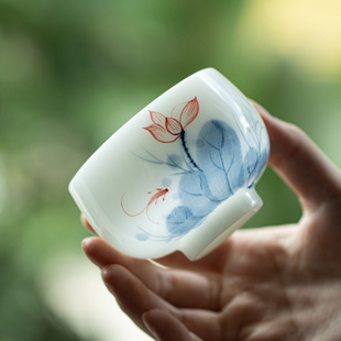 璞玉瓷手绘主人杯功夫茶具陶瓷釉下彩禅定杯高端冰种白瓷茶杯单杯