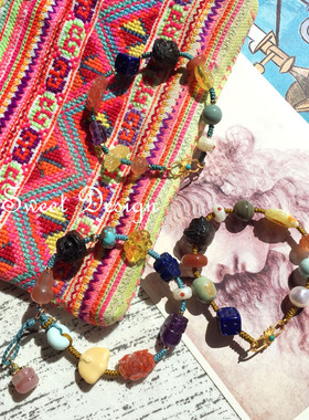 Sweet手作 天然绿松石蜜蜡南红水晶银曜石醒狮多宝手链手串 包邮