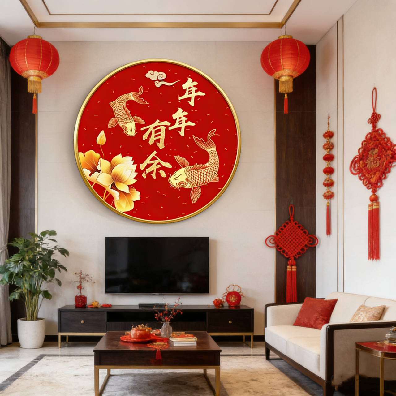 新款年年有余圆形带框钻石画手工DIY节日礼物客厅卧室玄关挂画