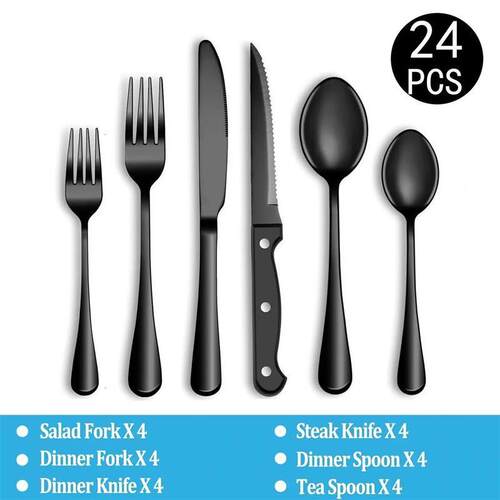 stainless steel knife, fork, spoon black steak knife, fork