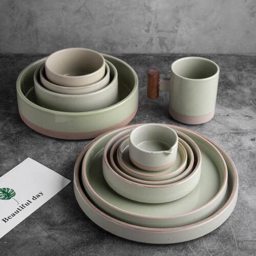 Korean ceramic dinnerware Set dinner plate bowl wooden mug