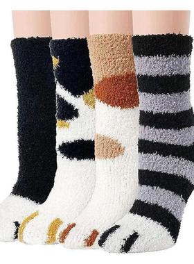 4 Pairs Women Cat Paw Fuzzy Socks Winter Warm Soft Fluffy Fu