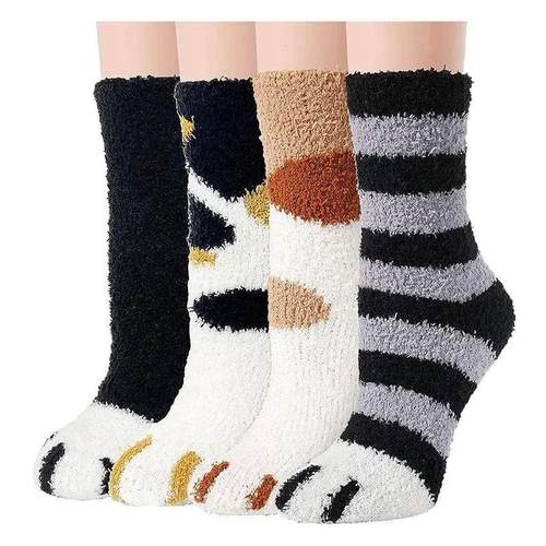 4 Pairs Women Cat Paw Fuzzy Socks Winter Warm Soft Fluffy Fu