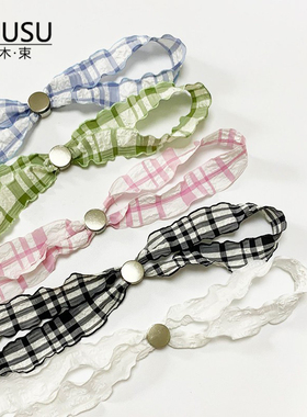 原创丝带加长泡芙格子田园风夏季帽子防风绳遮阳帽草帽防掉可调节