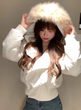 韩系百搭减龄白色毛领短款加厚棉服女冬季慵懒宽松保暖连帽外套潮