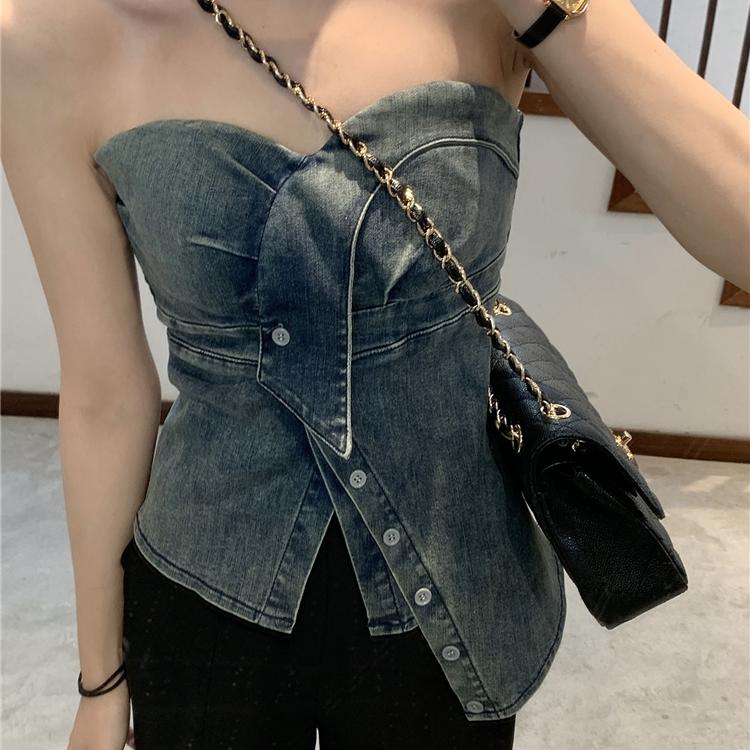 辣妹不规则牛仔吊带背心女夏季外穿设计感显瘦收腰修身短款上衣
