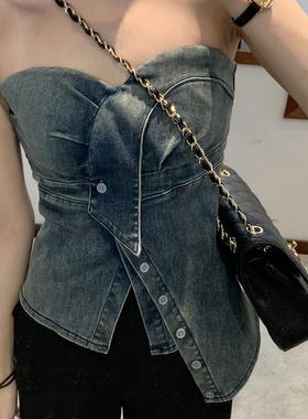 辣妹不规则牛仔吊带背心女夏季外穿设计感显瘦收腰修身短款上衣