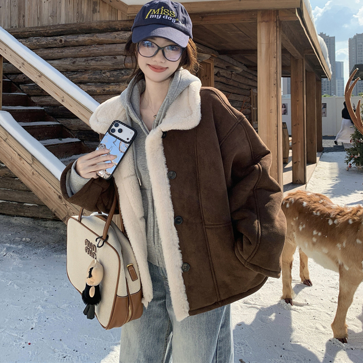 加绒加厚美拉德长袖保暖棉服女装