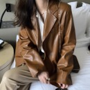 棕色柔软皮衣西装 休闲西服复古港风机车夹克 外套女2023秋冬新爆款