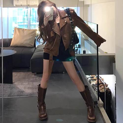 棕色皮衣外套女短款机车夹克上衣