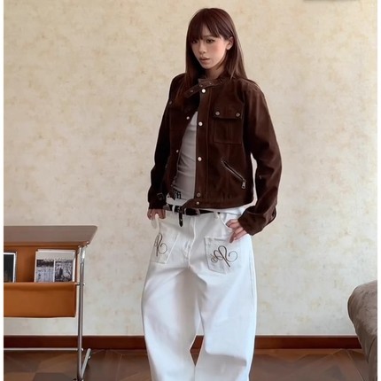 美式复古美拉德麂皮绒棕色夹克外套女秋季辣妹立领正肩短款上衣