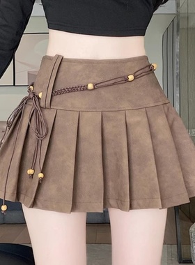 美拉德穿搭辣妹风高腰a字百褶短裙美式复古pu皮裙半身裙女秋季