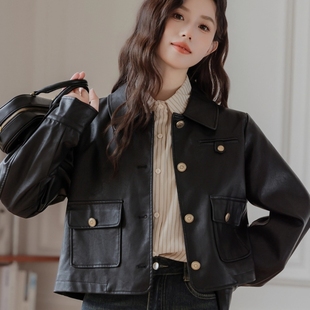 小个子2黑色PU皮衣外套女025春季 机车夹克上衣潮 新款 复古休闲短款