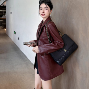 高级宽松pu皮纯色衣皮夹克外套女装 安可拉红复古西装 时尚 美式 秋季