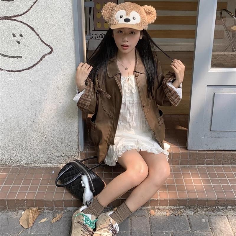 棕色格子纹pu皮衣外套女夹克上衣