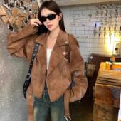 高级感2025年新款 小众机车夹克秋日美拉德穿搭棕色短外套女秋冬季