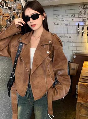 高级感2025年新款小众机车夹克秋日美拉德穿搭棕色短外套女秋冬季
