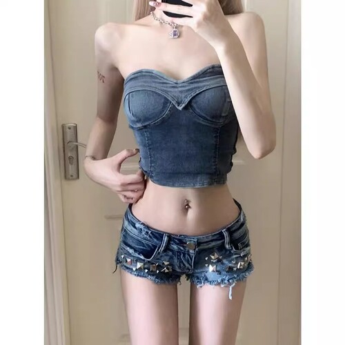 纯欲辣妹性感牛仔抹胸小背心女