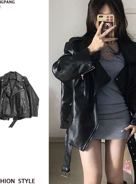 大码胖简约黑色方领pu皮衣外套女秋冬新款港风设计感机车夹克上衣