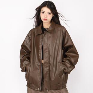 复古宽松PU夹克上衣 机车服翻领美式 美拉德棕色皮衣外套女秋季 新款