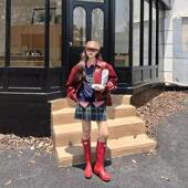 饰口袋短款 装 翻领皮衣外套女机车服 复古安可拉红皮夹克秋冬季 美式