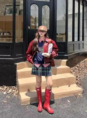 美式复古安可拉红皮夹克秋冬季装饰口袋短款翻领皮衣外套女机车服