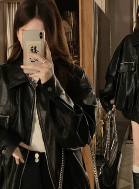 美式复古黑色pu皮机车外套女春秋高级感甜酷风皮衣翻领夹克上衣潮