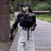 炸街个性 新款 夹克上衣 外套女秋冬季 百搭黑色POLO翻领机车皮衣短款